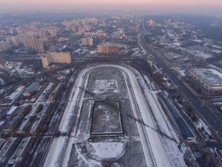 Above of racing track at Kiev hippodrome, aerial view.