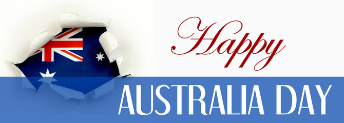 Red, white and blue Australian flag framed by white paper torn open in a round shape. Text for Australia Day celebration. Sized to fit popular social media banners