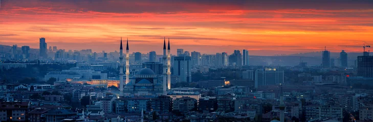 Foto op Plexiglas Ankara en Kocatepe-moskee bij zonsondergang © Koraysa
