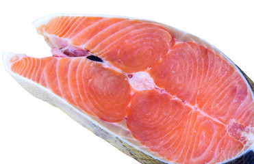 Close up of fresh salmon slices isolate on white background.