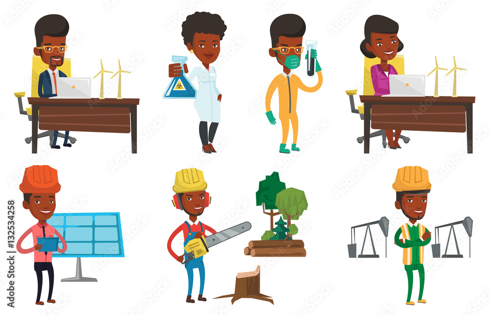 Poster vector set of characters on ecology issues.