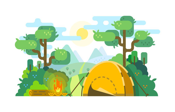 Vector flat illustration about summer camping or hiking. Picture with tent, bonfire and trees.