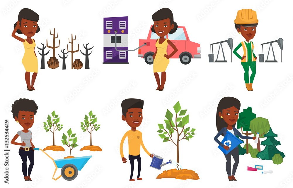 Poster vector set of characters on ecology issues.