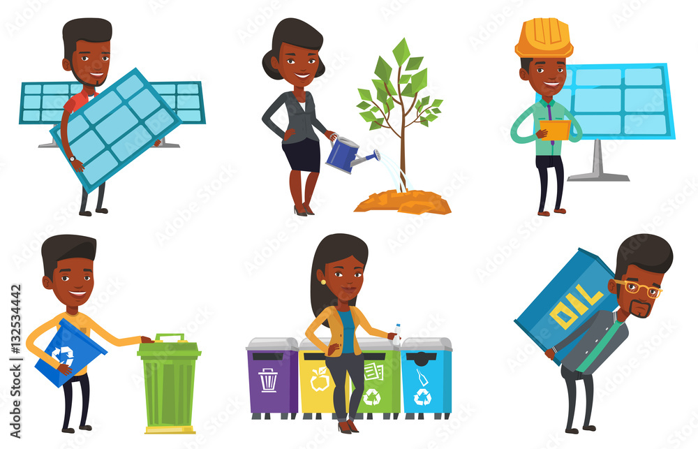Poster vector set of characters on ecology issues.