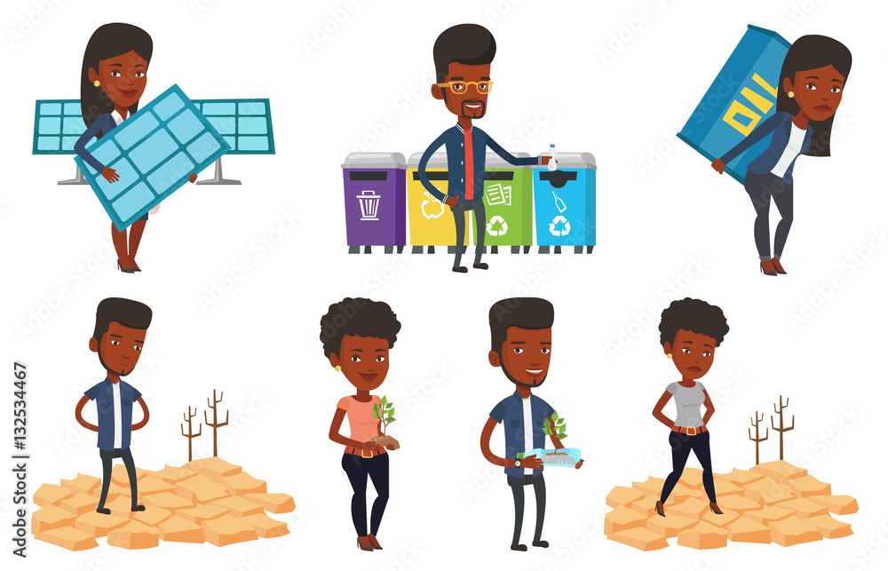 Poster vector set of characters on ecology issues.