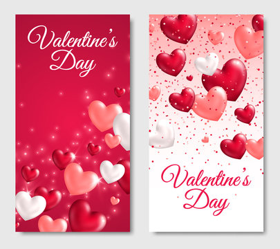 Valentines Day Vertical Banners with Glossy Hearts