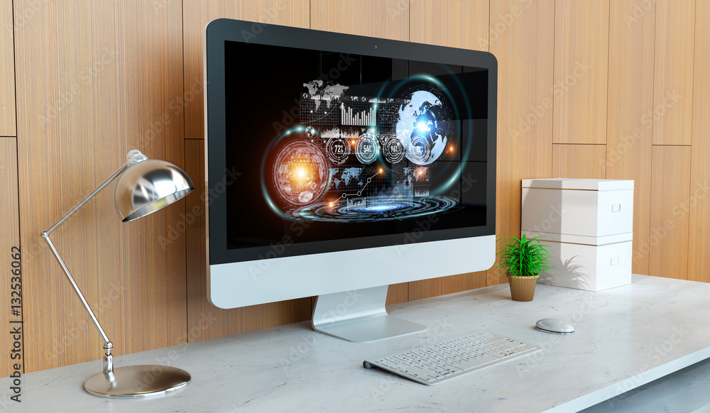 Poster Modern computer with digital hologram presentation 3D rendering