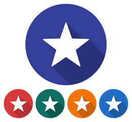 Round icon of star. Flat style illustration with long shadow in five variants background color