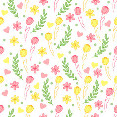 Cute seamless pattern with leaves, flowers, tulip and hearts. Nice background.