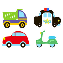 Fototapeta premium Vector transportation theme with car, police car, moped, truck, vintage car. A set of cute and colorful icon isolated on white background