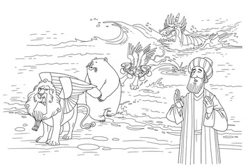 Fototapeta na wymiar The prophet Daniel sees a vision about the beasts coming up out of the sea