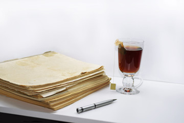 Old books with pen. Isolated documents