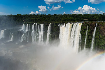 Panorama of the Iguazu Waterfalls in Argentina and Brazil with rainbow