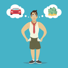 Businessman with no money, bankrupt. Man dreams of a car and money.
