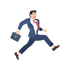 Happy businessman in a suit with a suitcase and runs forward. Isolated on white background