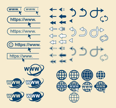Web site icons set. Website start page. WWW. Internet browser bar, globe, computer mouse arrow. Flat design, creative solution. Vector isolated.