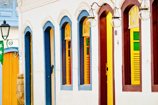 Close view of windows and doors in old town of Parary, Brazil