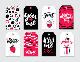 Valentines day gift tag vector set. Collection of hand drawn printable card templates with lettering
