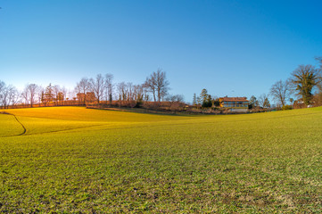 expanse of green grass with blue sky, countryside and farm