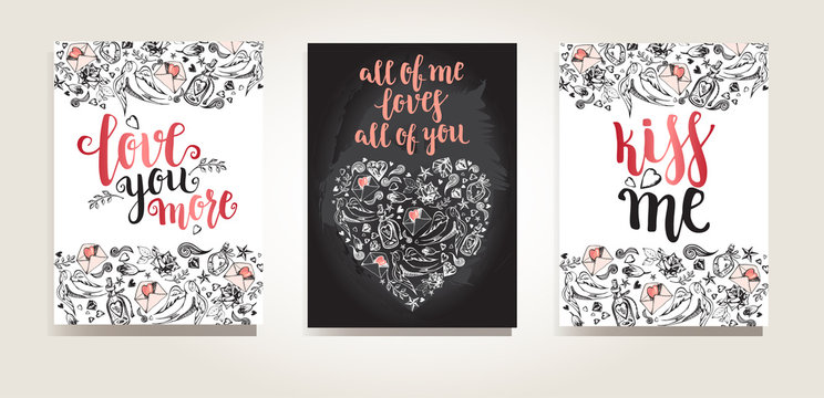 Set of greeting cards. Backgrounds with calligraphy brush lettering and hand drawn elements. Template cards, banners or poster for Valentine's Day. Vector illustration.