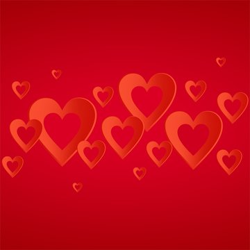Valentines red background with bright red heart with the composition of red hearts in a row at the center. Greeting for lovers and for Mother's Day