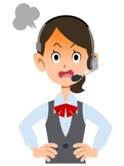 ヘッドセットを装着した制服着用の女性会社員が怒る
