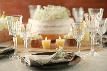 Table served for wedding dinner, close up