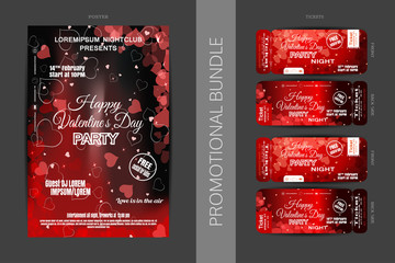 Vector Happy Valentine's Day night party promotional bundle of dark red poster and tickets with hearts on the dark gray background.