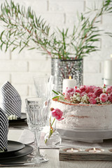 Table served for wedding dinner, close up