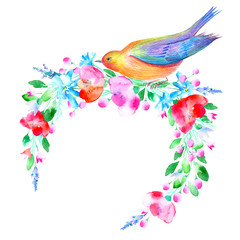 Floral wreath and bird.Garland of a poppy flower,bell,berry and herb .Watercolor hand drawn illustration.White background.
