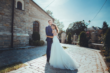caucasian happy romantic young couple celebrating their marriage