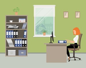 Web banner of an office worker in the green room near the window. The young woman is an employee at work. There is a beige furniture, chair, case with folders in the picture. Vector flat illustration