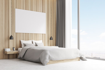 Side view of a double bed, wood