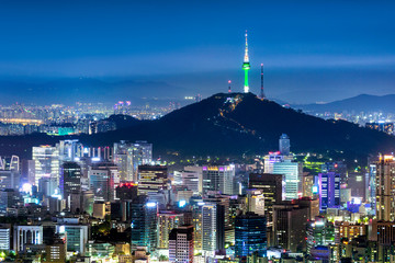 Fototapeta premium Wieża N Seoul z panoramą i górą Namsan nocą