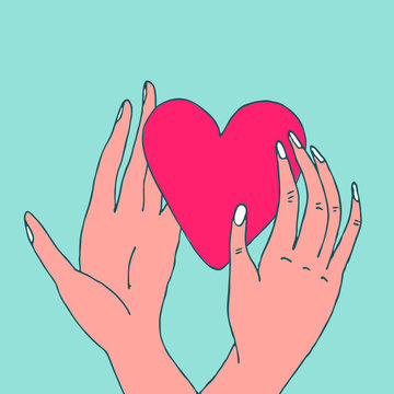 Hands holding red heart hand drawn vector illustration. Cute simple style minimalistic illustration with human hands and beautiful vivid pink heart. Romantic Valentines day car