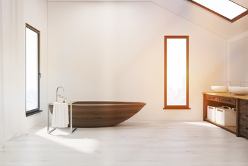 Fototapeta na wymiar Bathroom with wooden tub and two sinks