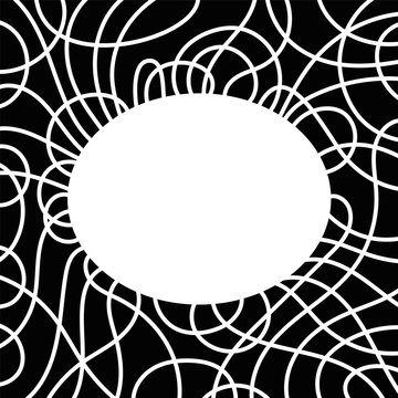 Frame and border with white ellipse and overlapping lines. Decorative ornament and template artwork with space for text or images. Isolated black illustration on white background. Vector.