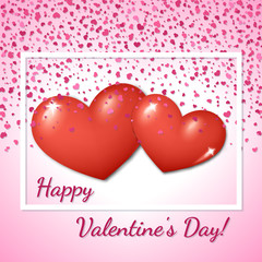Fototapeta na wymiar Vector illustration. Two red hearts on a background of confetti of pink hearts with frame for text. Design for postcards, banners, business cards, invitations.