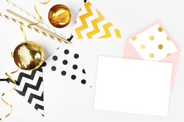 Xmas background. Decor table view. Flat Lay. Party mockup. Gold items