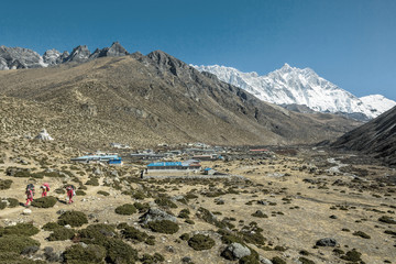 View of the mountain range of Everest and the village of Dingboche from the South - Nepal Himalayas