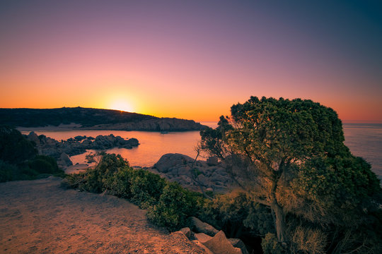 Sunset on the beach of Chia, Sardinia, Italy.