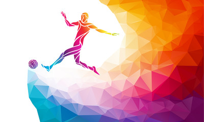 Soccer player. Footballer kicks the ball in trendy abstract colorful polygon style with rainbow back