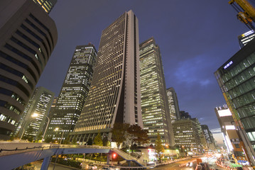 Fototapeta na wymiar 東京都市風景　新宿高層ビル群　夜景　眩しい街並　行き交う人と車の流れ