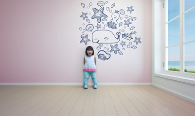 Fototapeta premium Funny asian child playing in pink room of beach house - 3d rendering