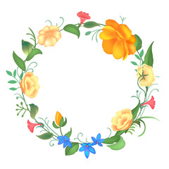 Postcard with a round frame of flowers. Vector illustration