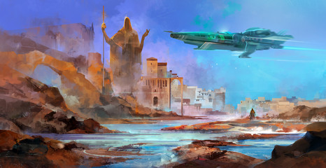 drawn spaceship over an alien planet © khius