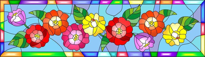 Illustration in stained glass style with flowers,buds  and leaves of  zinnias in a bright frame,horizontal orientation