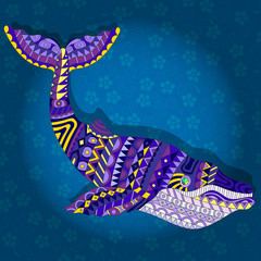 Naklejka premium Illustration with abstract whale on a dark blue floral background
