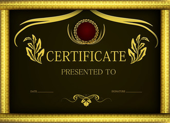 Dark certificate template for the winner with gold frame