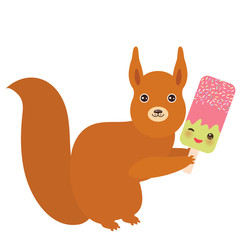 red squirrel with strawberry-pistachio ice cream, ice lolly Kawaii with pink cheeks and winking eyes, pastel colors on white background. Vector